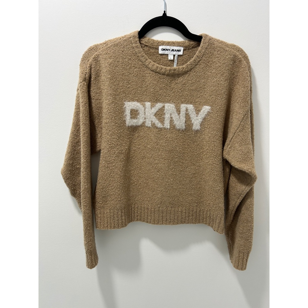 DKNY‎ Jeans Womens Tan Boucle Knit Fuzzy Logo Crewneck Sweater Medium